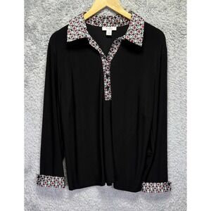 Dressbarn Tunic Top Size‎ 1X Black Geometric Collar V Neck Preppy Office Retro